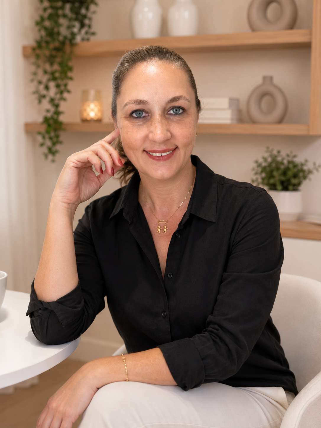 Danielle Porta, psicóloga, sorrindo em seu consultório